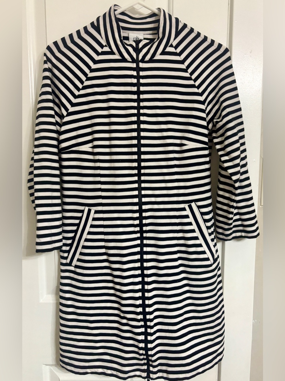 CAbi Byline Jacket Tunic Dress Black White Striped Zip-Front Stretch Size S